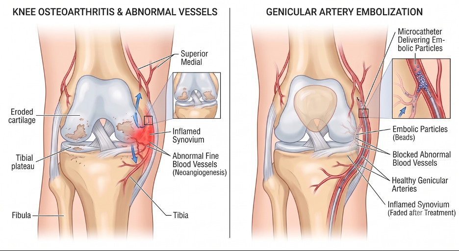 Two-panel diagram of the knee. Left: osteoarthritis with eroded cartilage, inflamed synovium and abnormal fine blood vessels. Right: genicular artery embolization, with a microcatheter delivering embolic particles that block the abnormal vessels while the healthy genicular arteries are preserved