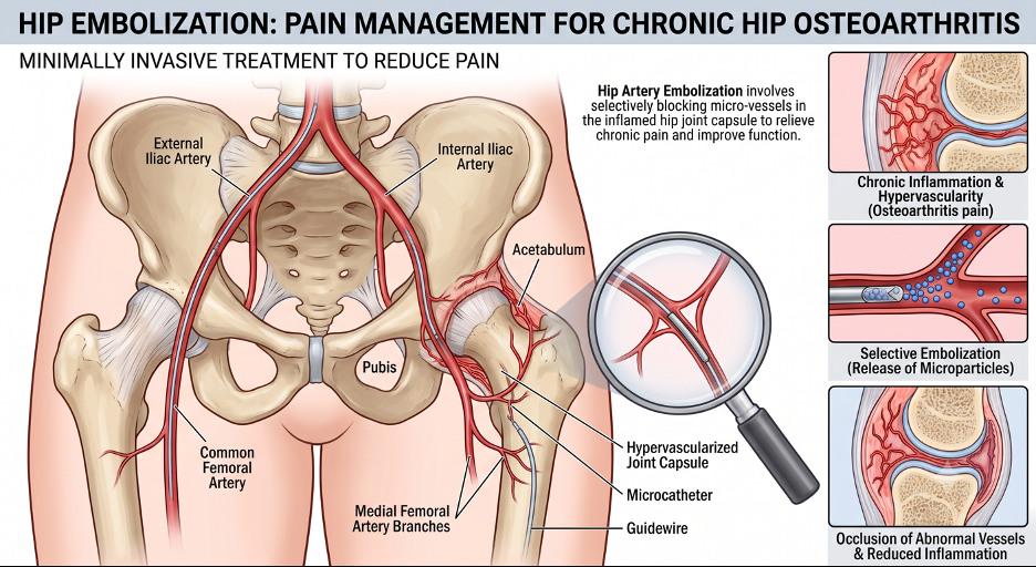 Diagram of the pelvis showing the common femoral and iliac arteries, a microcatheter advanced into the medial femoral artery branches feeding a hypervascular hip joint capsule, with insets showing chronic inflammation, release of embolic particles, and the abnormal vessels occluded