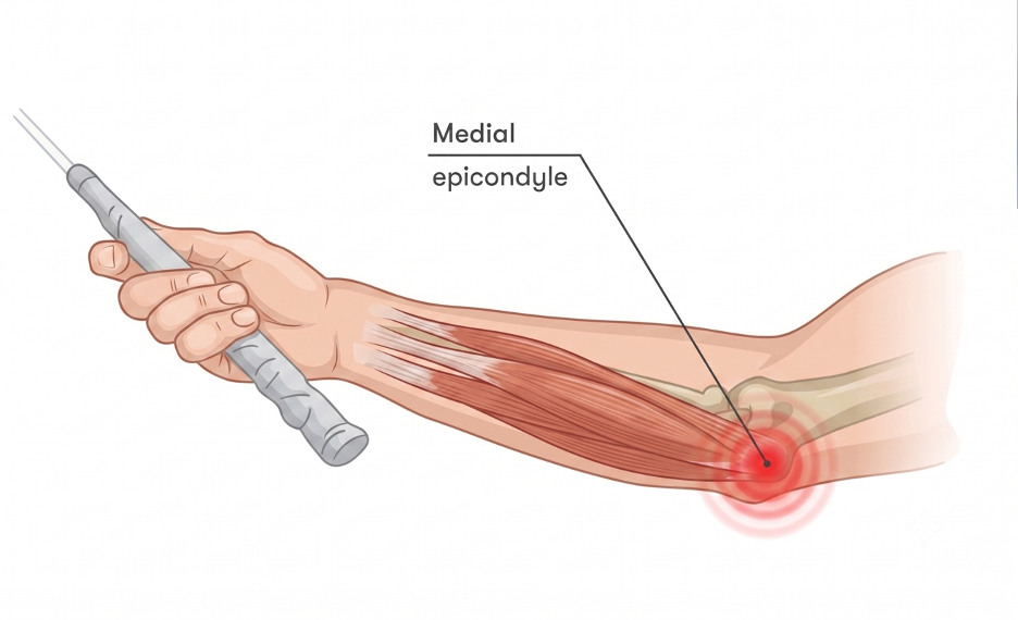 Illustration of a forearm gripping a golf club, with the flexor tendons traced to a painful point at the medial epicondyle on the inner elbow